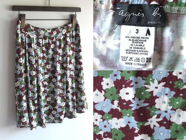 フランス製 agnes b. アニエスベー 花柄 フラワー柄 総柄 レーヨンジャージー ウエストゴム イージースカート 3 アーカイブ 00s拍卖
