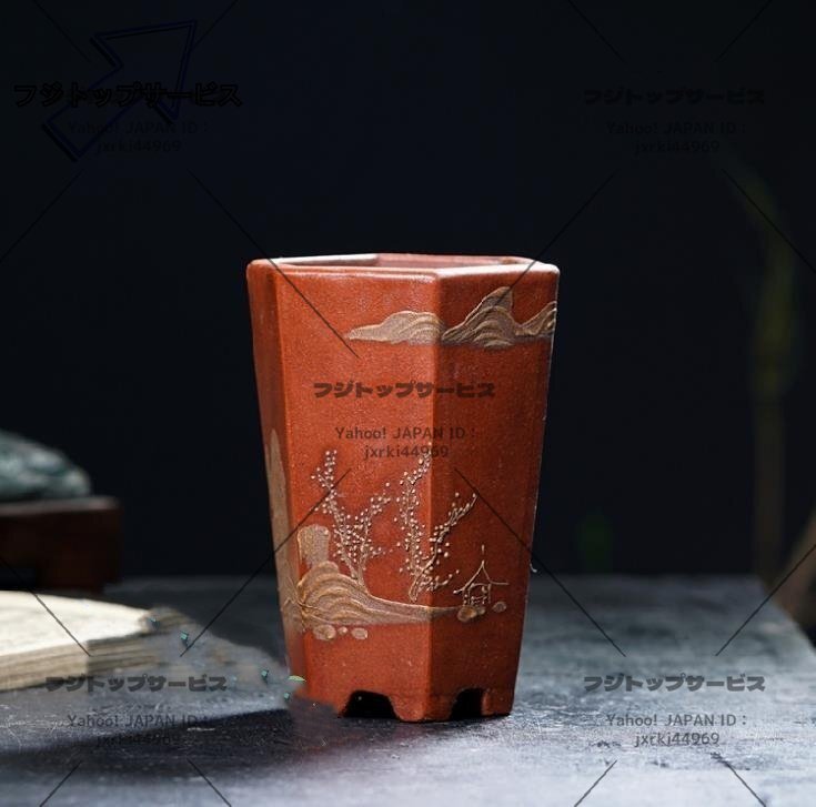 超人気 宜興盆栽鉢 植木鉢 紫砂の鉢 手描き泥絵 Q037拍卖