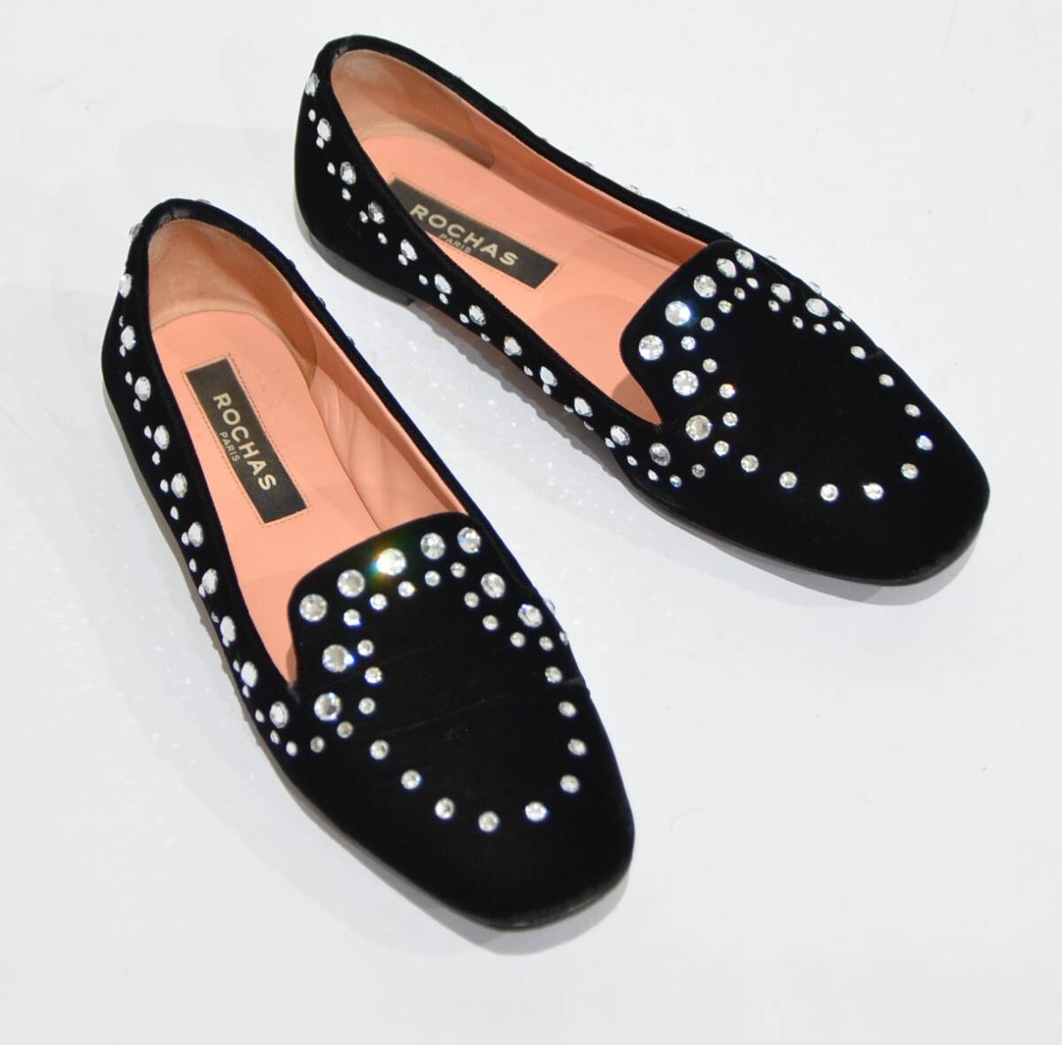 ROCHAS ロシャス スワロフスキー ベルベットフラッットシューズ 37.5 黒拍卖