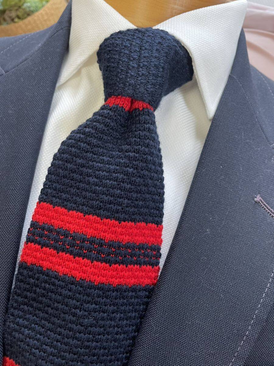 【美品】ヴィンテージニットタイ 大剣約9cm ネイビー×レッドボーダー ネクタイ MATSUYA拍卖
