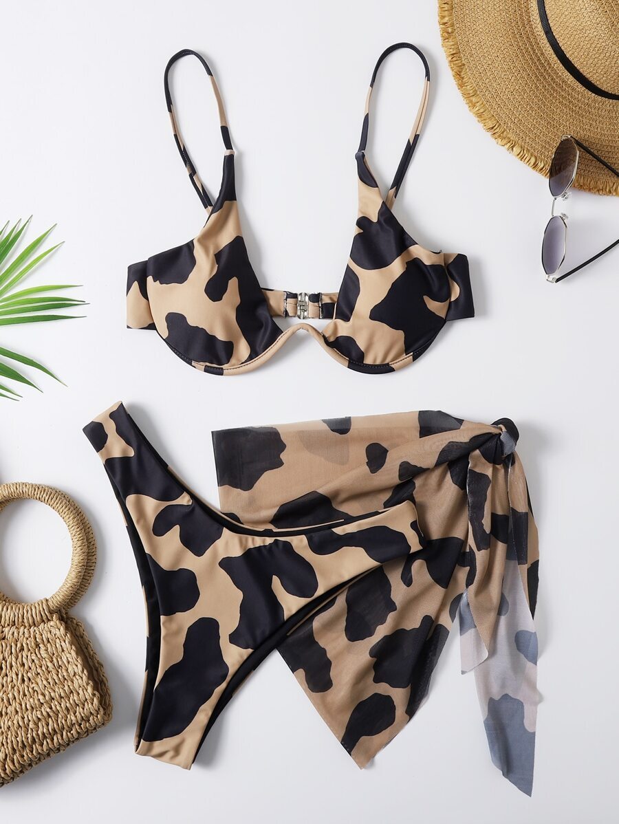 レディース 水着 ビキニセット サマービーチ 3パック 牛柄 ワイヤー入りビキニセット & ビーチスカート拍卖