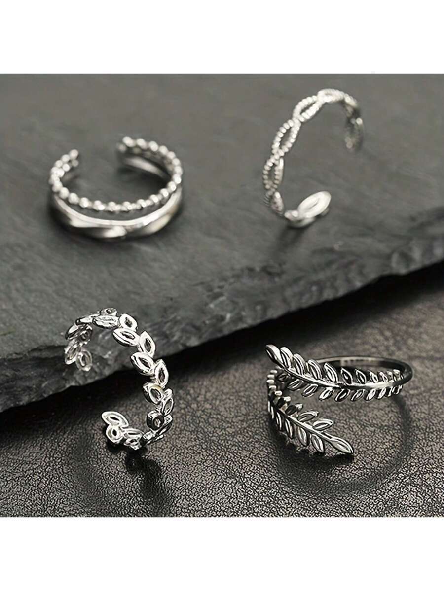 リング レディース セット ステンレス鋼のリング4個セット、シンプルで調節可能なオープンリング、ホロパターンのジオメトリックリング拍卖