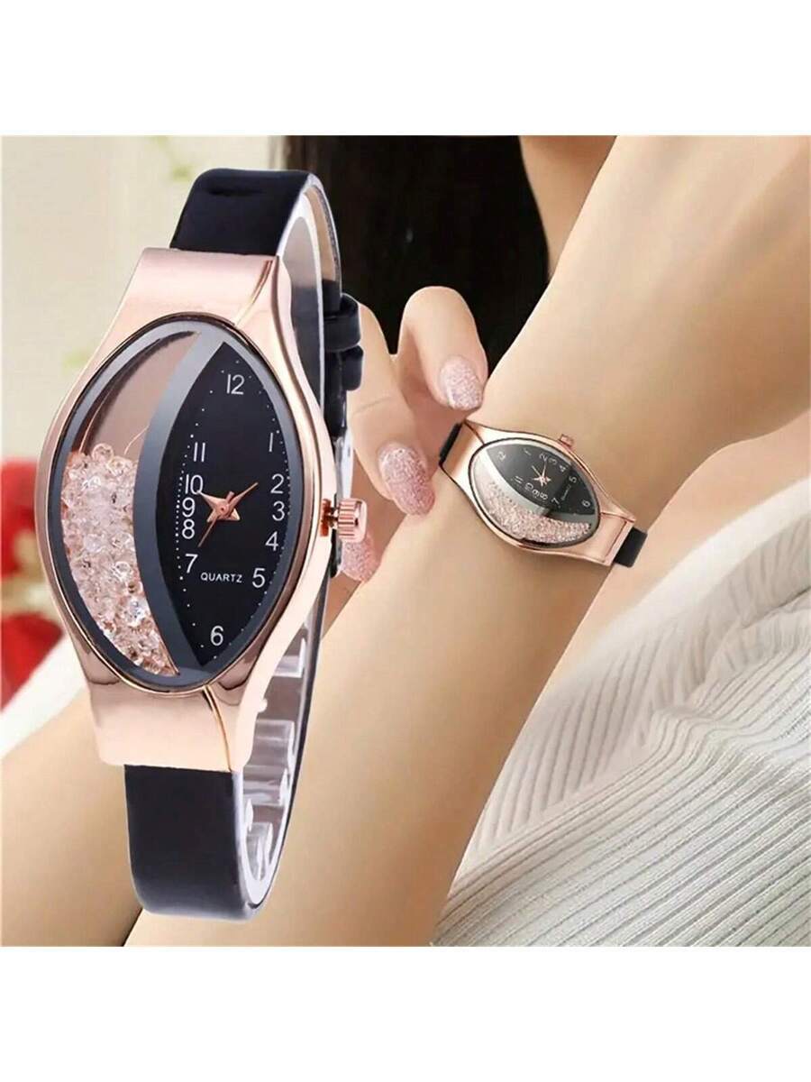 腕時計 レディース クォーツ 女性用エレガントでかわいらしい楕円形時計、ラインストーンとレザーストラップ付き、クオーツ時計、1個拍卖