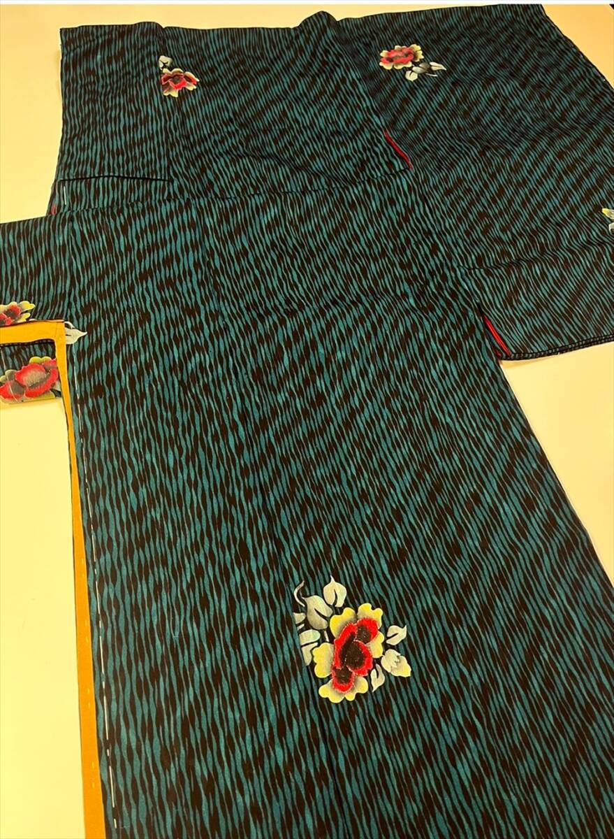 花とら●アンティーク着物 小紋 椿? モダン レトロ 大正ロマン 緑 青緑 立涌風 240710拍卖