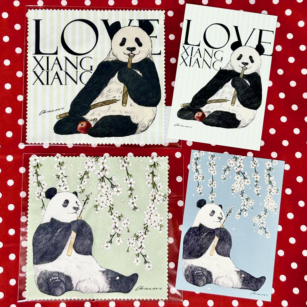 クリスタルアート シャンシャン メガネクロス2種&ポストカード2種 4点セット パンダ 香香 枝垂桜 The best match SAKURA PANDA 2024拍卖