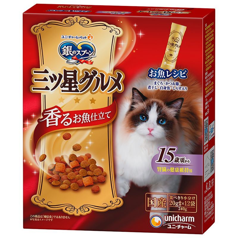 (まとめ買い)ユニ・チャーム 銀のスプーン 三ツ星グルメ 香るお魚仕立て 15歳頃から お魚レシピ 240g 猫用フード 〔×7〕拍卖