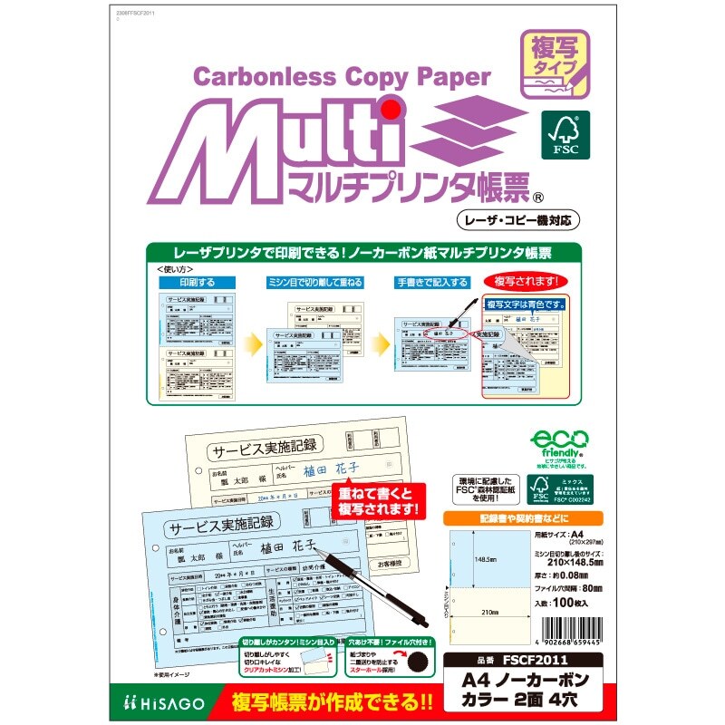 (まとめ買い)ヒサゴ マルチプリンタ帳票 複写タイプ A4 ノーカーボン カラー 2面 4穴 100枚入 FSCF2011〔×3〕拍卖