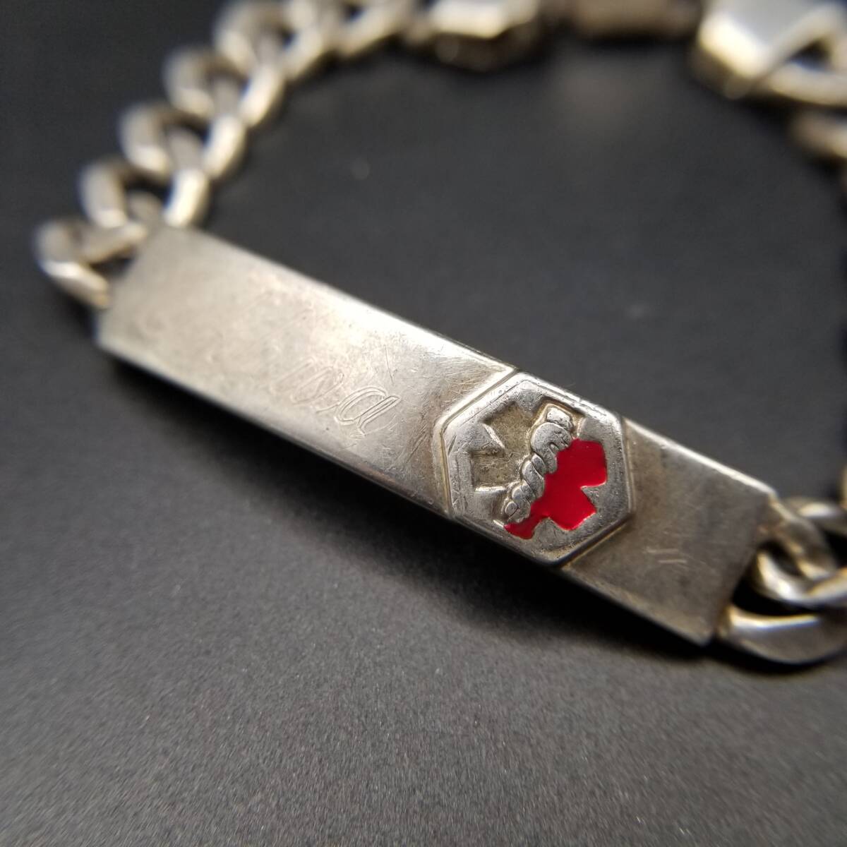 イタリア ヴィンテージ メディカルアラート IDタグ 925 シルバー ブレスレット 銀 喜平チェーン リンク 重厚感 Medical Alert Y17-P拍卖
