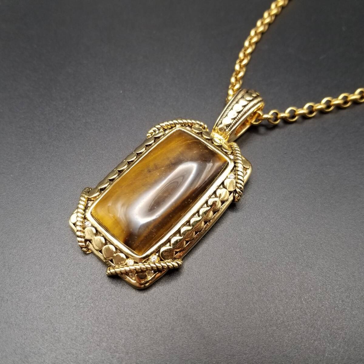 JOAN RIVERS 大ぶり タイガーアイ カボション ゴシック ヴィンテージ ペンダント ネックレス ロングチェーン ゴールドトーン 存在感Y18-B拍卖