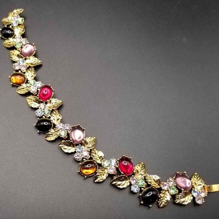 Joan Rivers マルチカラー カボション フローラル ヴィンテージ ブレスレット ゴールドトーン 植物 花 モチーフ エレガント 煌めき Y17-S拍卖