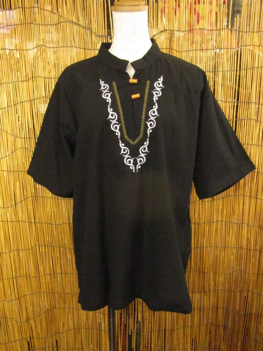 【送料込み/SALE】③新品*男女兼用*コットン素材*トライバルステッチ*マオカラー*半袖*プルオーバー*L エスニック MAJAM拍卖