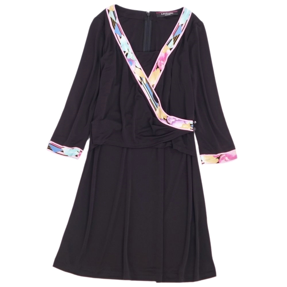 美品 レオナール LEONARD FASHION ワンピース カシュクールワンピース ドレス 七分袖 ミニ丈 レディース 2 ブラック cf07os-rm05r06953拍卖