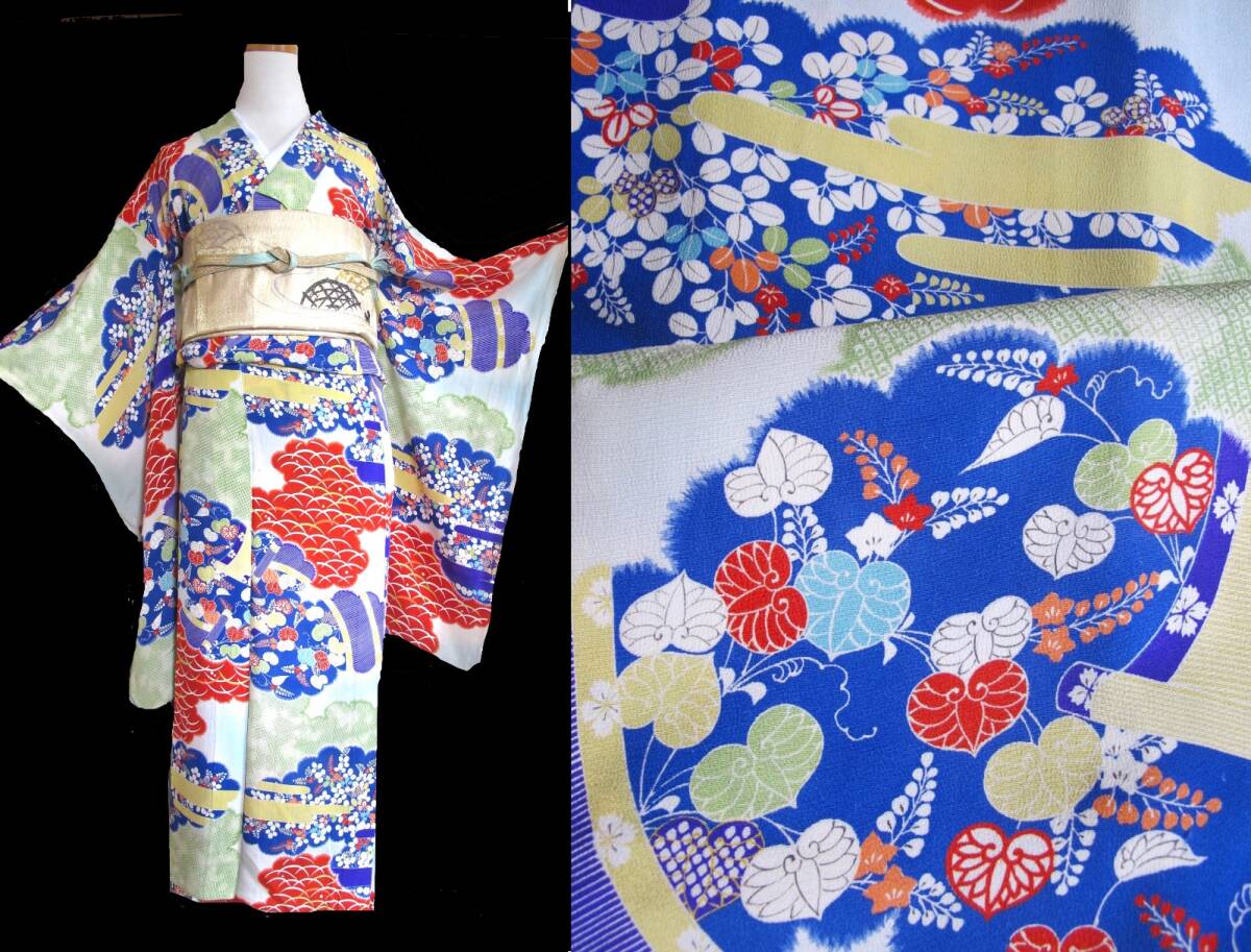 雲取りに秋草 御簾 優美 アンティーク単衣着物 錦紗拍卖