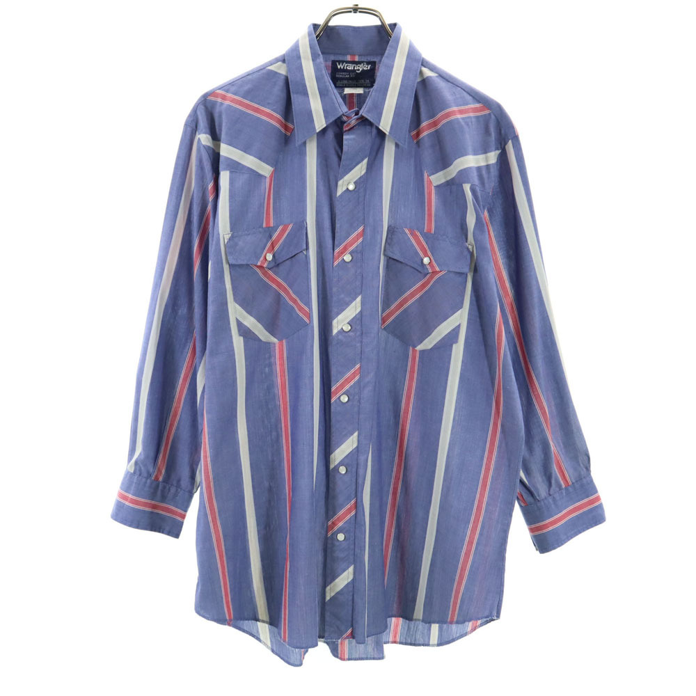 ラングラー 90s オールド ストライプ柄 長袖 ウエスタンシャツ 16 1/2-34 ブルー系 Wrangler メンズ拍卖
