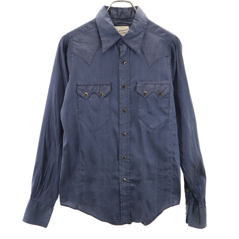 ロックマウント 70s USA製 シルク ヴィンテージ 長袖 ウエスタンシャツ 15.5×33.5 ネイビー RockMount メンズ拍卖