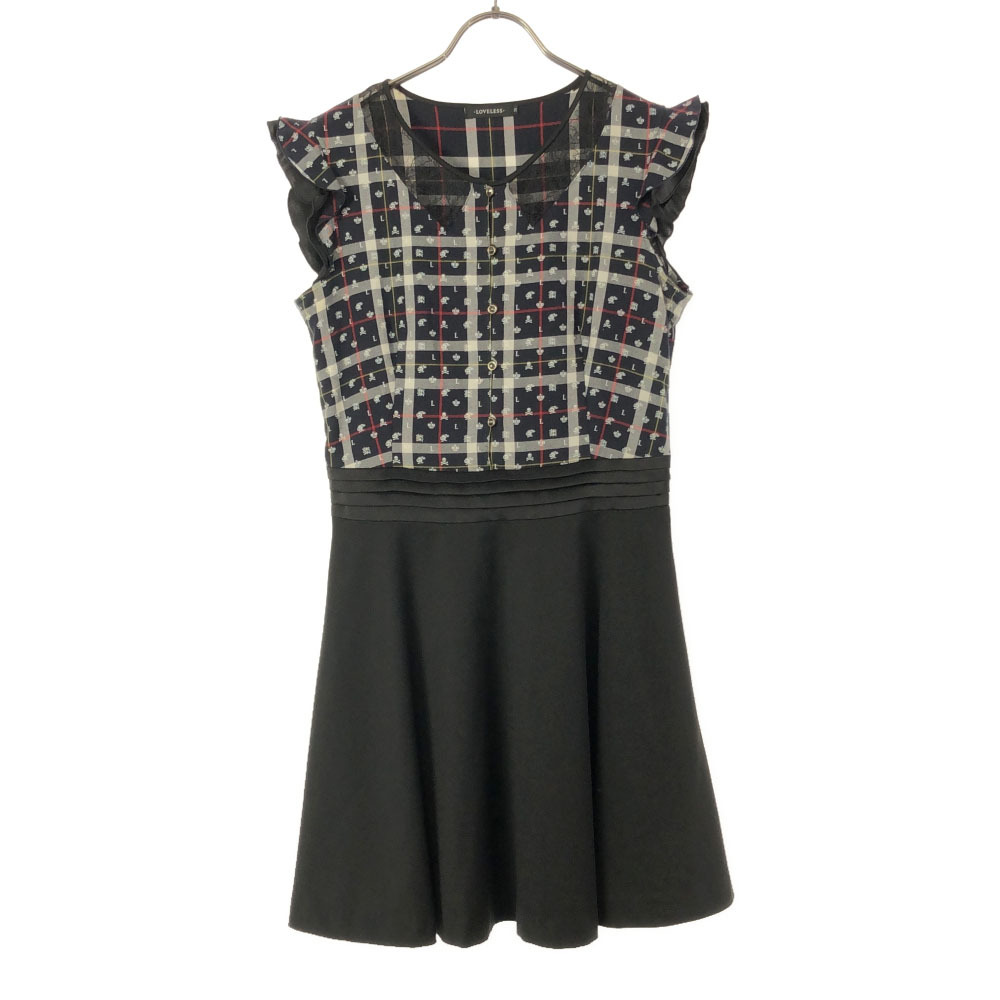 ラブレス 三陽商会 日本製 チェック ノースリーブ ワンピース 36 ネイビー×ブラック LOVELESS レディース拍卖
