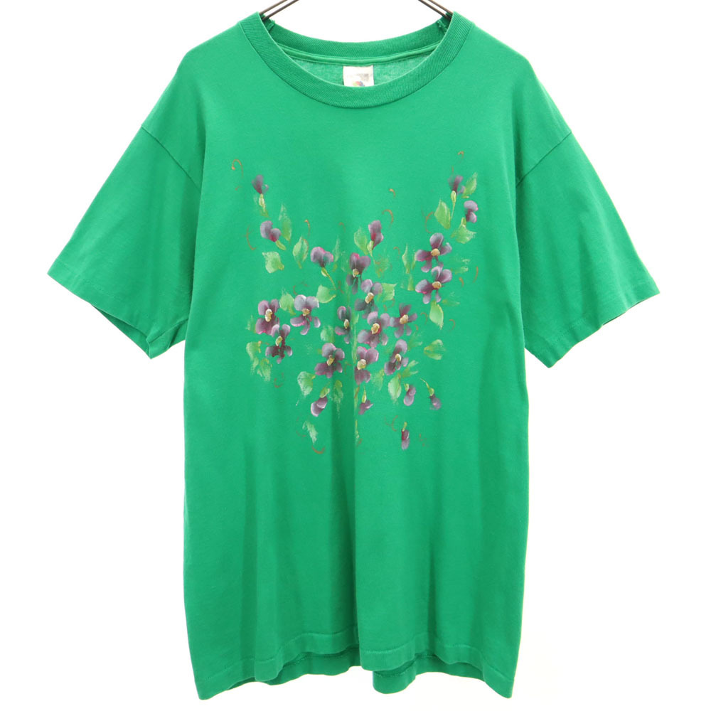 フルーツオブザルーム 90s カナダ製 オールド 花柄 プリント 半袖 Tシャツ L グリーン FRUIT OF THE LOOM メンズ拍卖