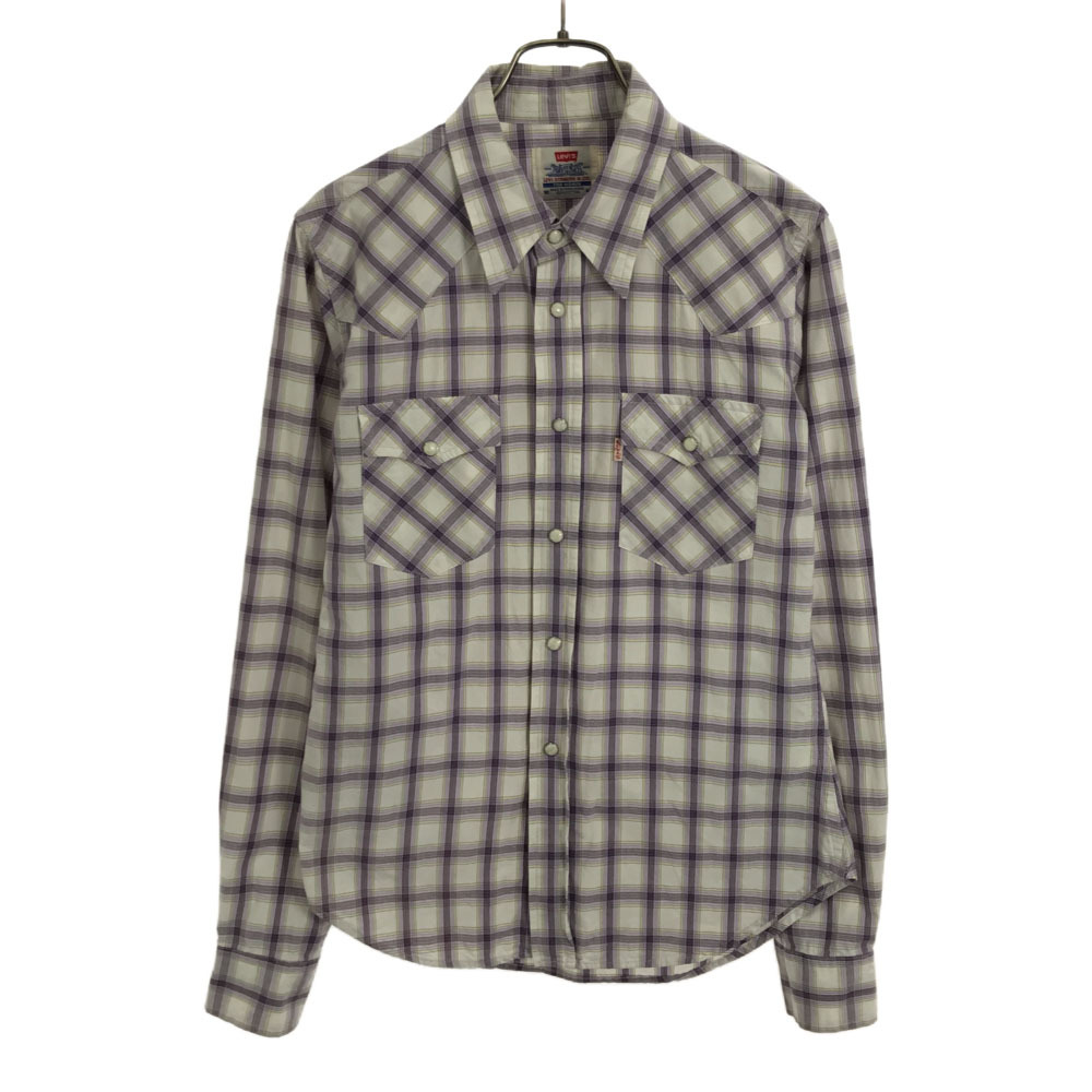 リーバイス チェック 長袖 ウエスタンシャツ M ホワイト×パープル Levi's レディース拍卖