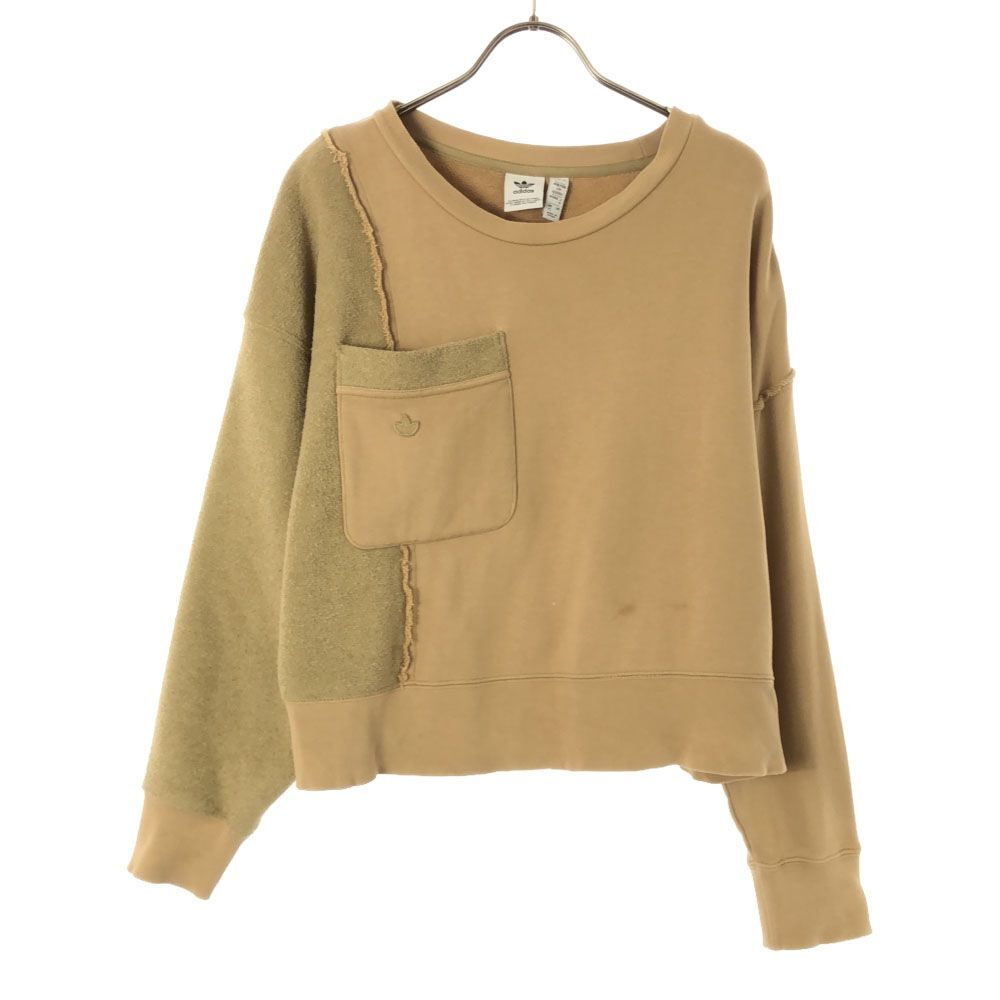 アディダス ロゴワッペン 長袖 ショート丈 スウェット トレーナー M ベージュ adidas トレフォイルロゴ タオル地 ショート丈 レディース拍卖