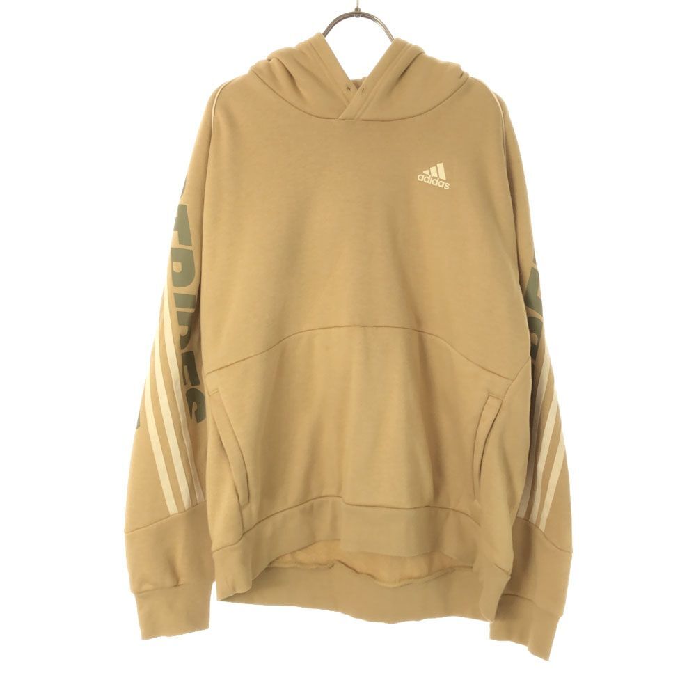 アディダス ロゴプリント 長袖 スウェットパーカー L ベージュ adidas プルオーバー 裏起毛 メンズ拍卖