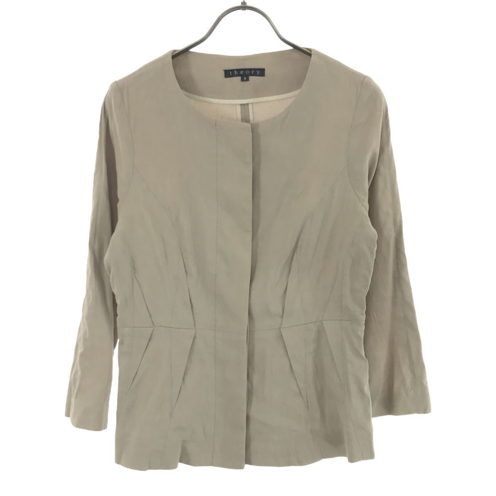 セオリー 7分袖 リネンブレンド ノーカラージャケット 2 ベージュ系 theory レディース拍卖