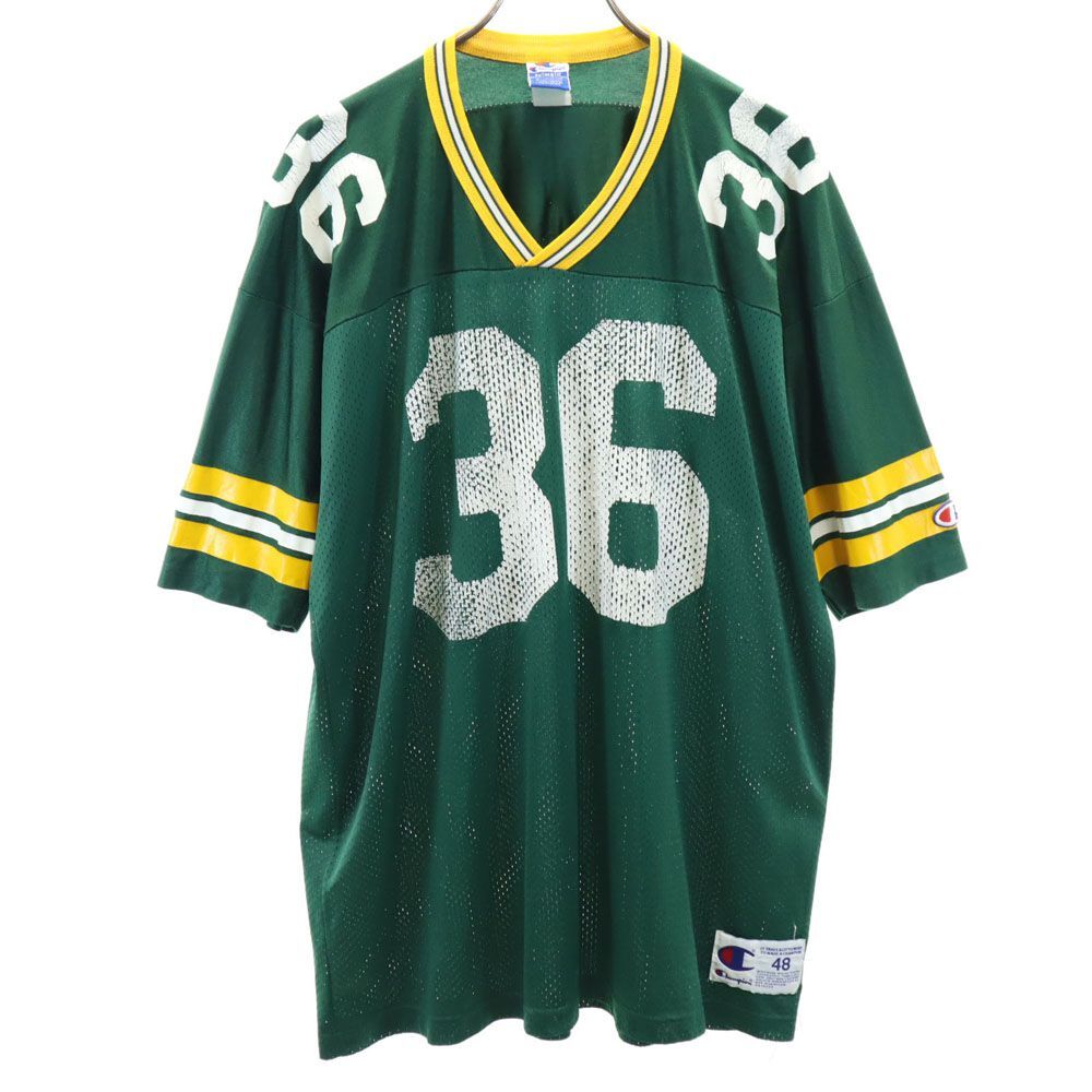 チャンピオン 90s オールド メッシュ プリント 半袖 Vネック Tシャツ 48 グリーン系 Champion メンズ拍卖