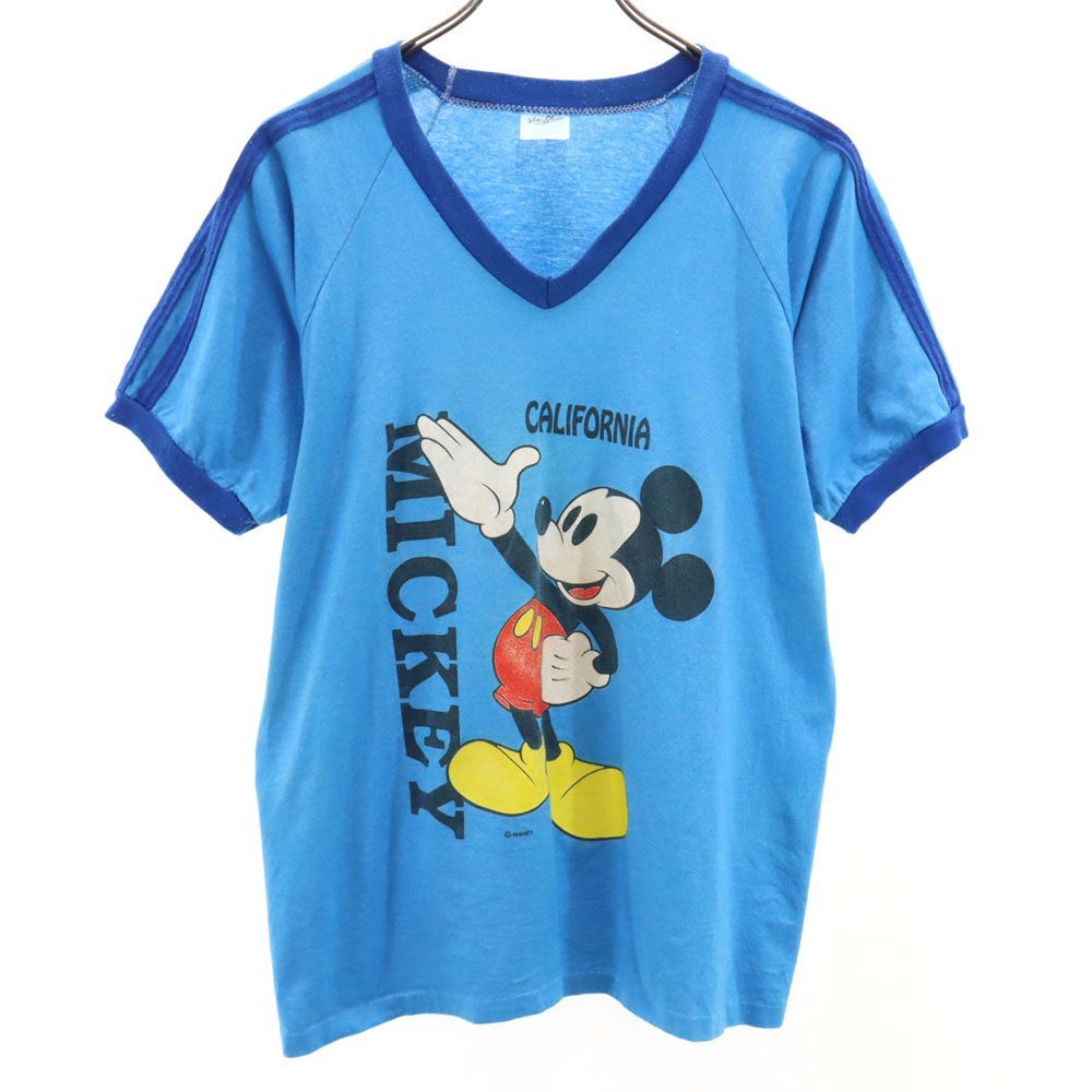 ベルバシーン 90s USA製 オールド プリント ミッキー 半袖 Vネック リンガー Tシャツ L ブルー Velva Sheen メンズ拍卖