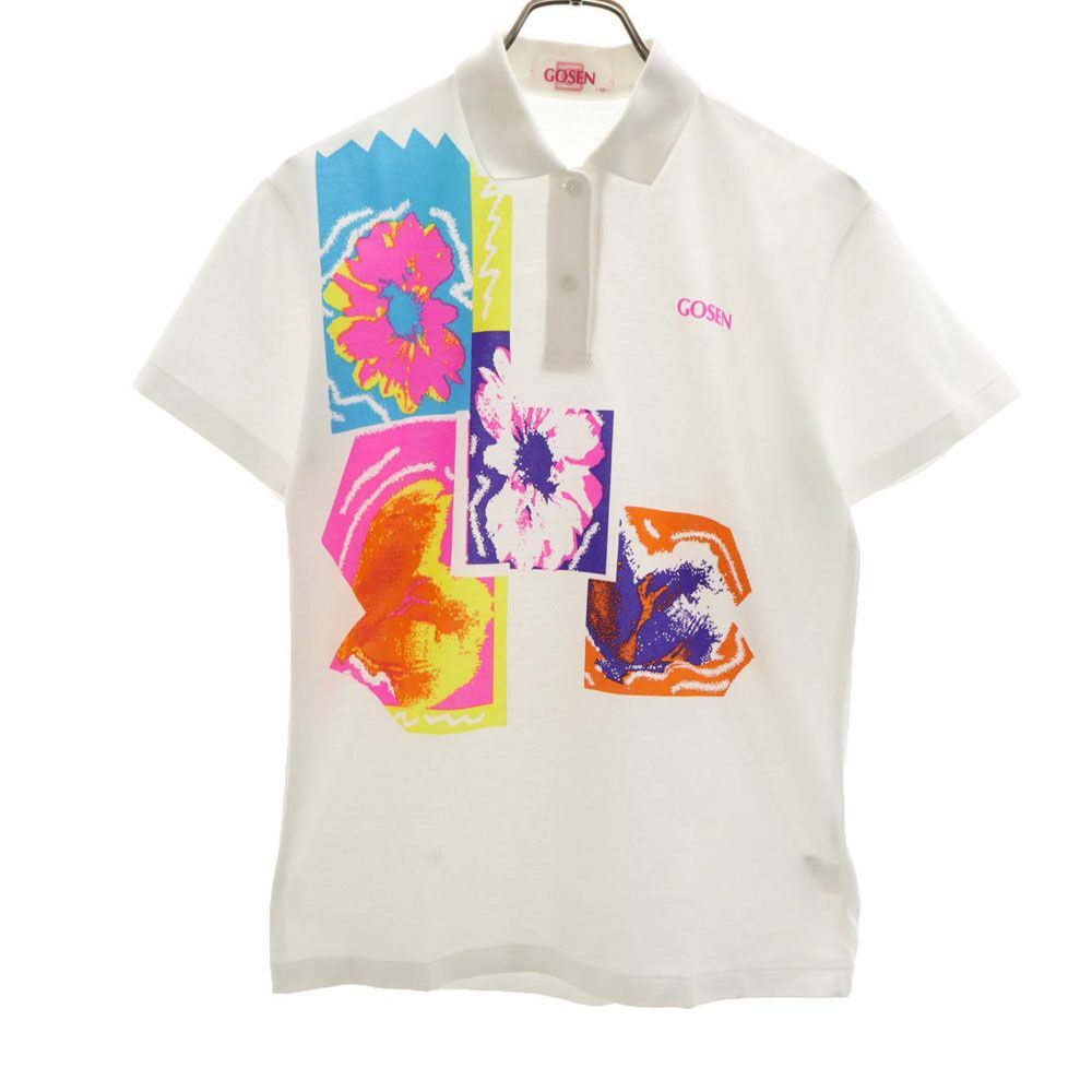 ゴーセン 日本製 プリント テニス 半袖 ウェア M ホワイト GOSEN ポロシャツ 鹿の子地 レディース拍卖