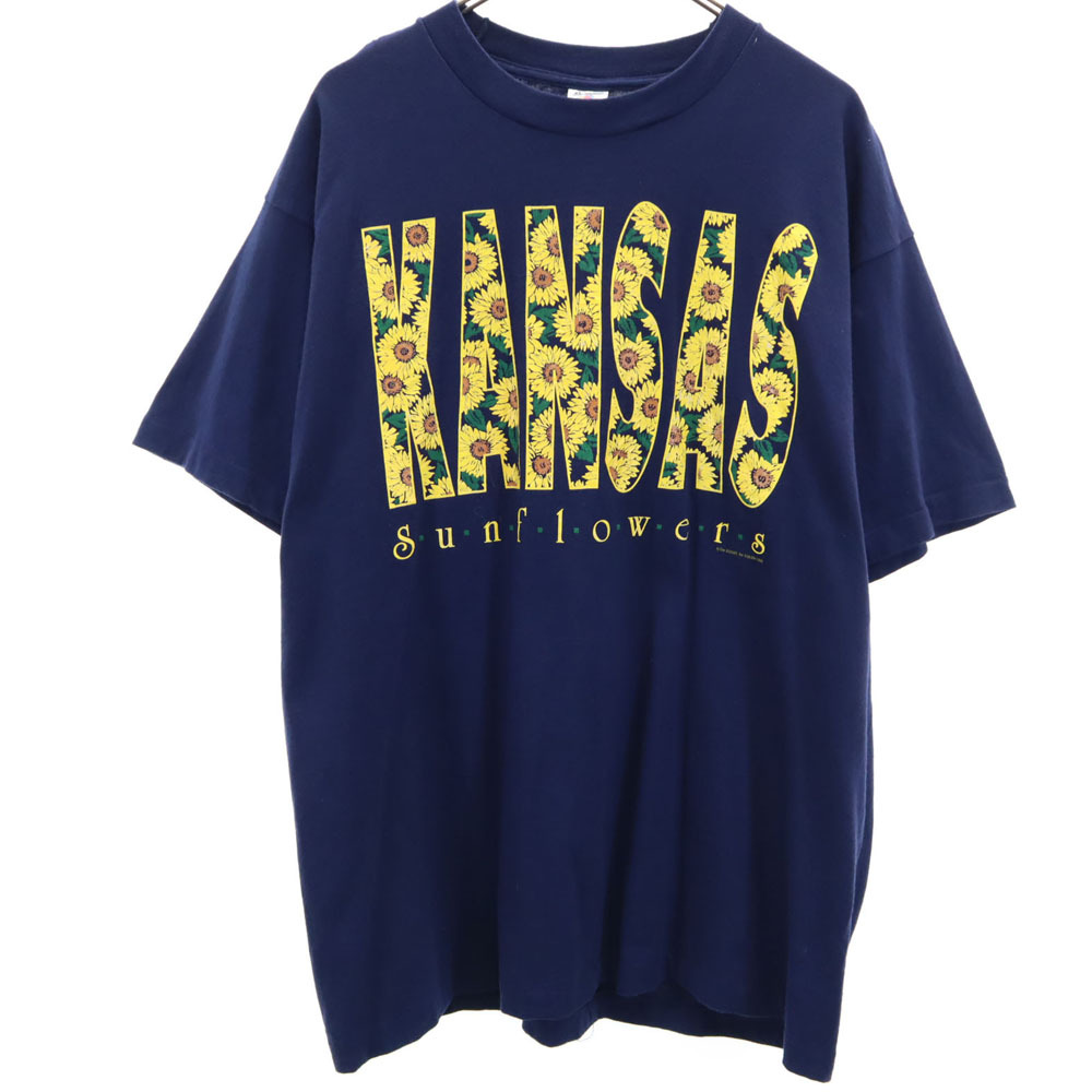フルーツオブザルーム 90s USA製 プリント 半袖 KANSAS ヒマワリ Tシャツ XL ネイビー系 FRUIT OF THE LOOM オールド ヴィンテージ メンズ拍卖