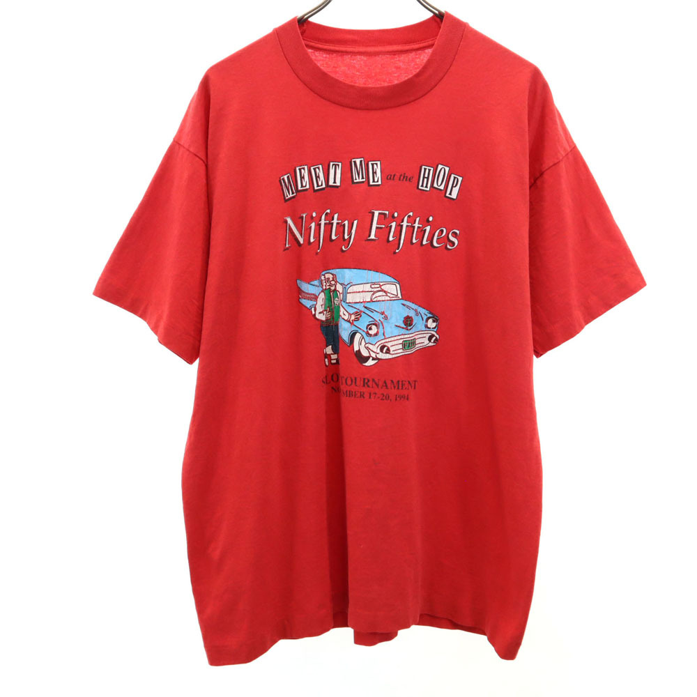 Nifty Fifties 90s プリント 半袖 Tシャツ レッド系 Nifty Fifties シングルステッチ オールド メンズ拍卖