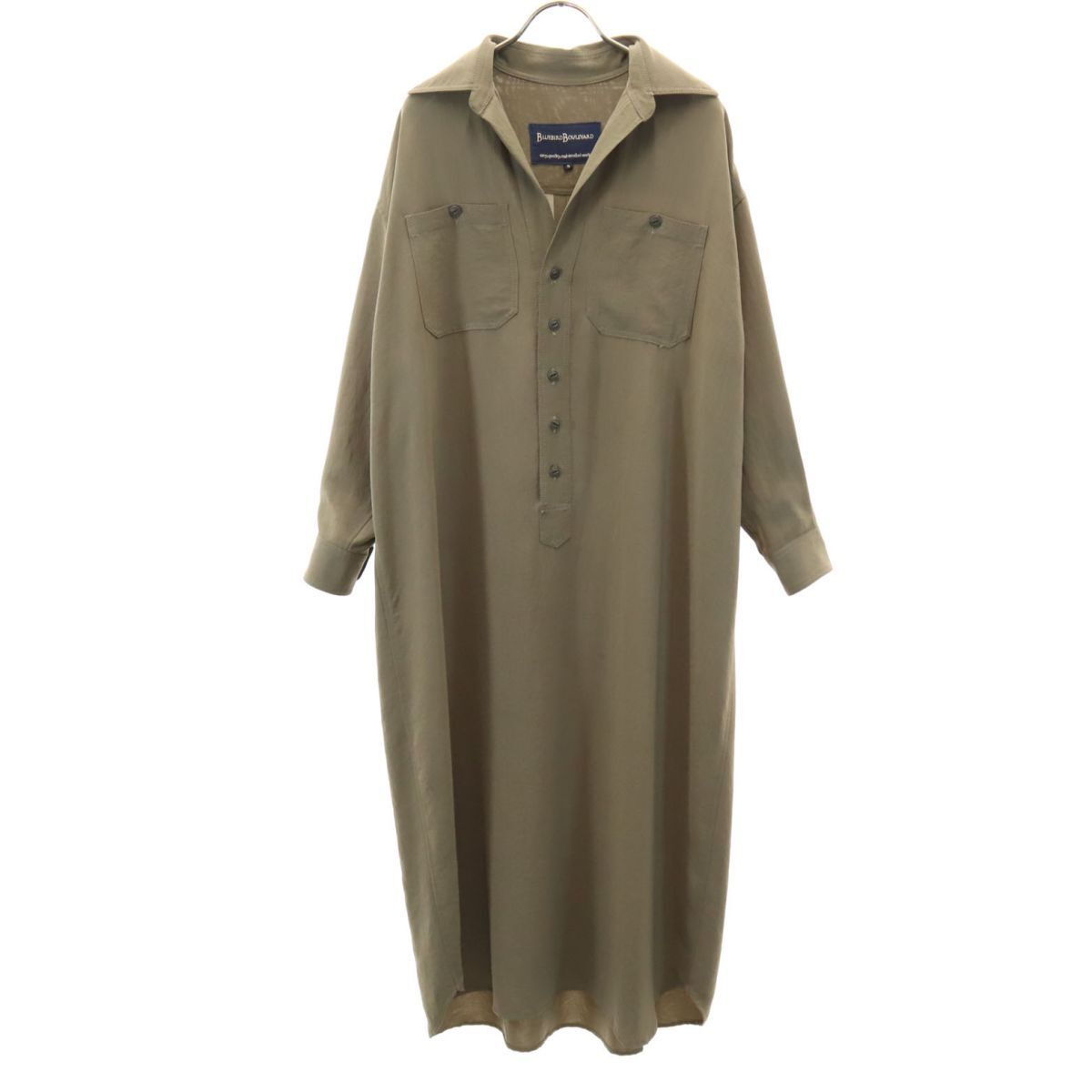 ブルーバードブルバード 日本製 長袖 スキッパー ハーフボタン ロング シャツワンピース S カーキ BLUEBIRD BOULEVARD レディース拍卖