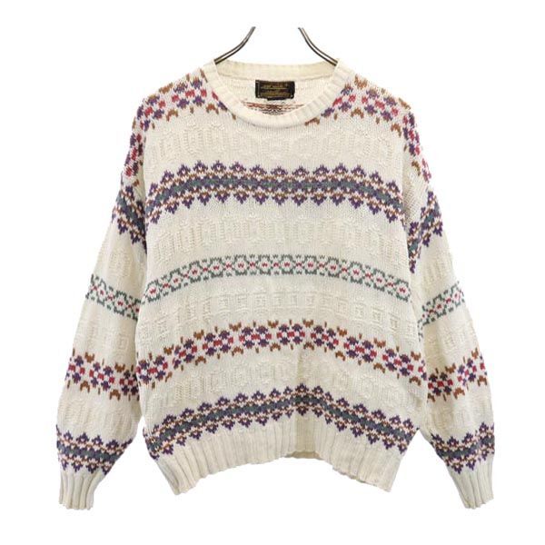 エディーバウアー 90s USA製 オールド 黒タグ 総柄 長袖 コットン セーター M ホワイト系 Eddie Bauer ニット レディース拍卖