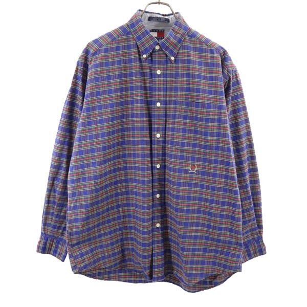 トミーヒルフィガー 90s オールド チェック 長袖 ボタンダウンシャツ M ネイビー系 TOMMY HILFIGER メンズ拍卖