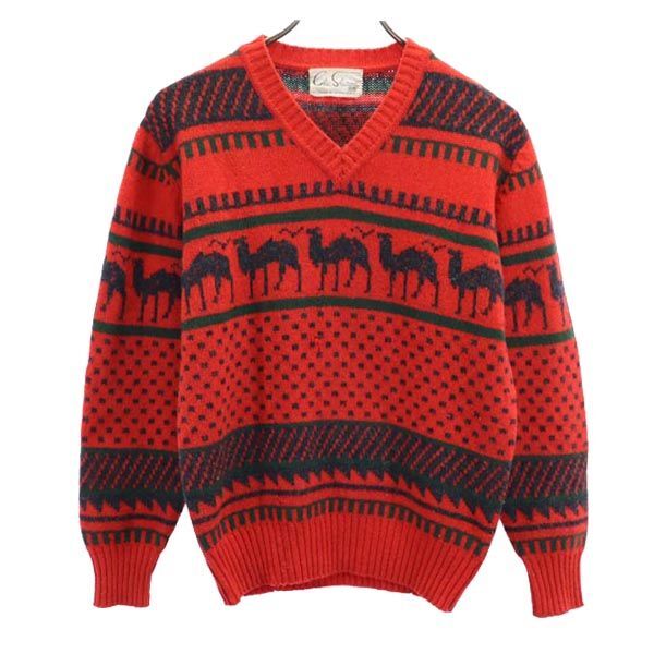 CHIC SHARON ウールブレンド ラクダ柄 長袖 Vネック ニット 11号 レッド CHIC SHARON セーター レディース拍卖