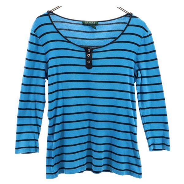 ローレンラルフローレン ボーダー 7分袖 ヘンリーネック Tシャツ M ブルー系 LAUREN RALPH LAUREN ロンT レディース拍卖