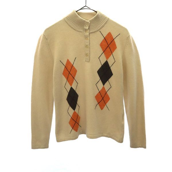 ラルヴィク カシミヤ100% アーガイル 長袖 ハーフボタン ニット M~L ベージュ LARUVIX セーター レディース拍卖