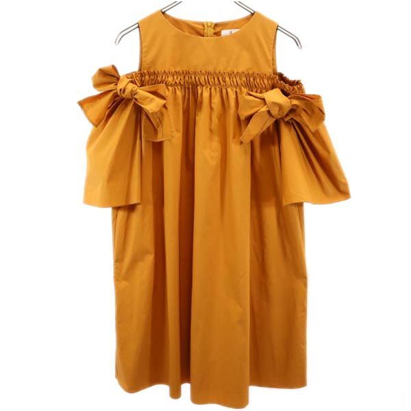 ランバンオンブルー 日本製 7分袖 オープンショルダー ワンピース 38 キャメル LANVIN en Bleu レディース拍卖