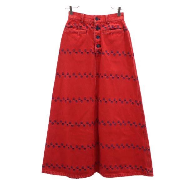 アルゴンキン イチゴ総柄刺繍 デニム ロングスカート レッド ALGONQUINS ボタンフライ レディース拍卖