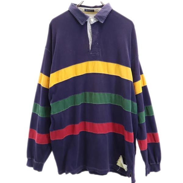 ハサウェイスポーツ 90s オールド ボーダー ライン 長袖 ポロシャツ XL ネイビー Hathaway SPORT メンズ拍卖