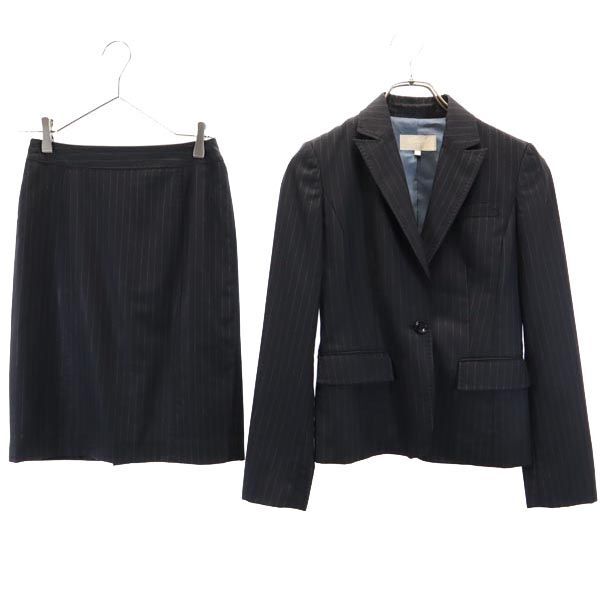 ファザードグリーン ストライプ柄 スカートスーツ 上下 セットアップ 36 黒 FACADE GREEN テーラードジャケット レディース拍卖