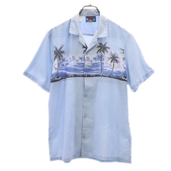 HAWAII BLUES 80s ヴィンテージ USA製 半袖 アロハシャツ M ブルー系 HAWAII BLUES 開襟 メンズ拍卖
