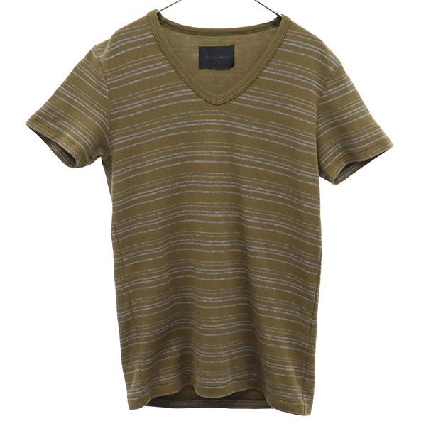 ラウンジリザード 日本製 ボーダー 半袖 Vネック Tシャツ 3 カーキ系 LOUNGE LIZARD レディース拍卖