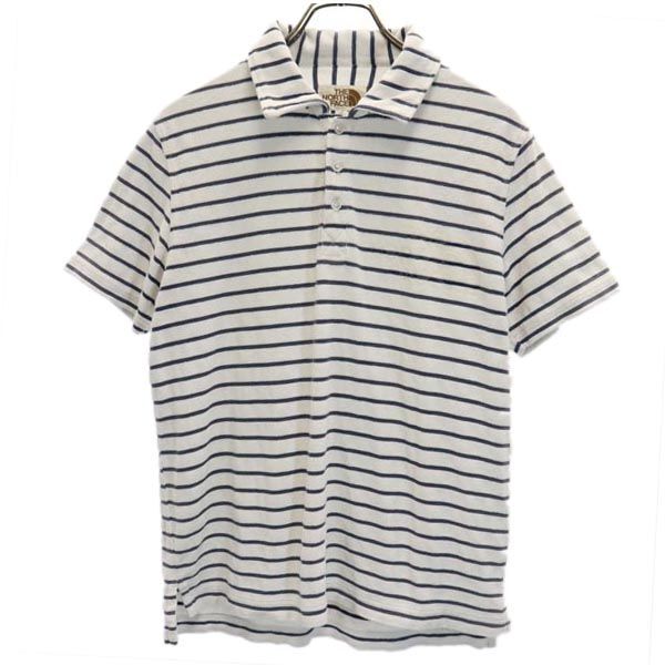 ザノースフェイス AT40803 茶タグ復刻 アウトドア ボーダー柄 半袖 ポロシャツ S 白×紺 THE NORTH FACE パイル生地 メンズ拍卖