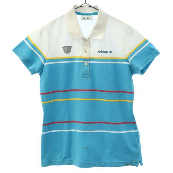 アディダス ボーダー ゴルフ 半袖 ポロシャツ L ブルー×ホワイト adidas 鹿の子地 レディース拍卖