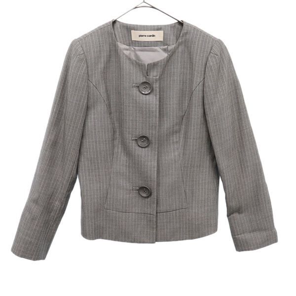 ピエールカルダン 日本製 ウールブレンド ストライプ ノーカラージャケット 38 グレー Pierre Cardin レディース拍卖