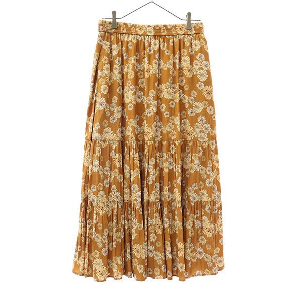 ユニクロ ポールアンドジョー 花柄 ロング丈 ティアードスカート L オレンジ UNIQLO レディース拍卖