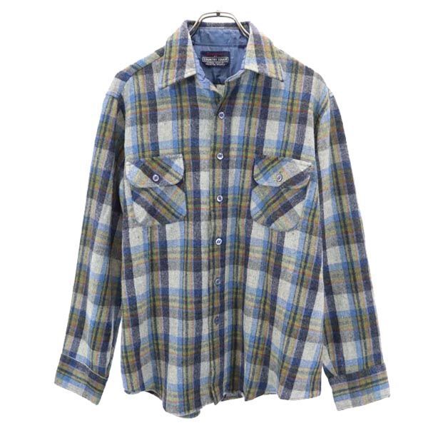 COUNTRY TOUCH 70s ヴィンテージ ウールブレンド チェック柄 長袖 シャツ L 青系 COUNTRY TOUCH メンズ拍卖