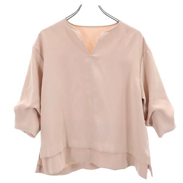 ユナイテッドトウキョウ 日本製 7分袖 Vネック タック ブラウス 1 ベージュ系 UNITED TOKYO レディース拍卖