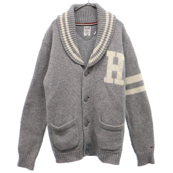 ヒルフィガーデニム ウールブレンド 長袖 ショールカラー ニットカーディガン L グレー×ホワイト HILFIGER DENIM メンズ拍卖