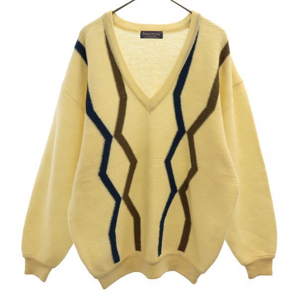 アーノルドパーマー ウール ライン柄 長袖 Vネック ニット L ホワイト系 Arnold Palmer セーター メンズ拍卖